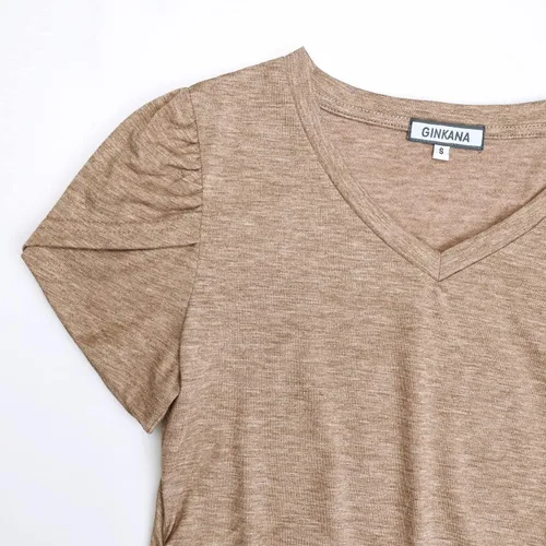 Miniatura 3 de GINKANA Camiseta de maternidad con manga corta de pétalo, cuello en V, con laterales fruncidos, informal, básica, túnica para embarazo