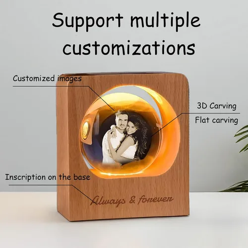 Miniatura 3 de Lámpara de noche personalizada de foto 3D en cristal – Bola de foto de vidrio personalizada con grabado de imagen 3D personalizada, base de madera