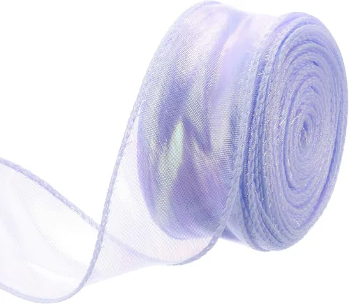 Miniatura 80 de MECCANIXITY - Cinta de organza con cable de 1 1/2" de ancho, brillante, transparente, con brillo irisado en tonos pastel, cinta de gasa para Beige