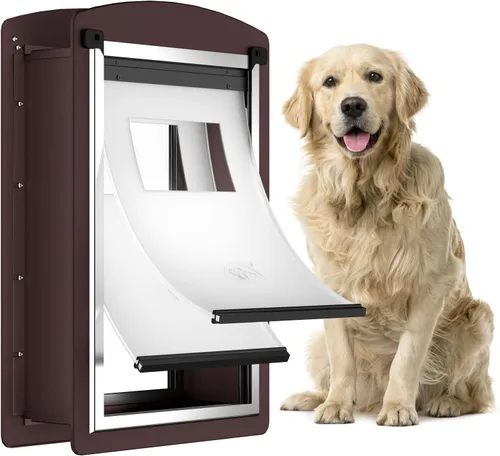 Miniatura 9 de Puerta para perro para pared, puerta extragrande para perro con 2 solapas magnéticas, 2 paneles de bloqueo, marco de acero y túnel telescópico