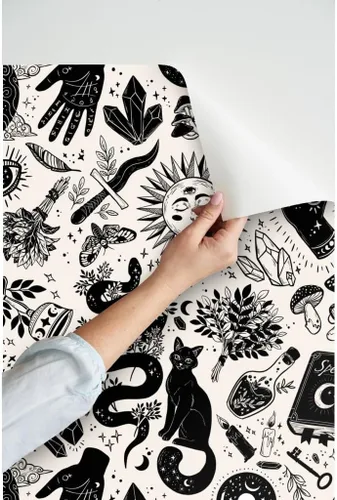 Miniatura 3 de Spoonflower Papel tapiz para despegar y pegar, color negro, blanco, gótico, gótico, mágico, de Halloween, bruja, monocromático, extraíble