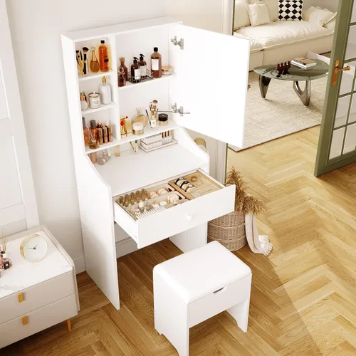 Miniatura 4 de Vabches Tocador de Maquillaje Pequeño de 24.4 pulgadas con Espejo y Luces, 3 Modos de Iluminación Ajustables, Juego de Tocador Compacto Blanco