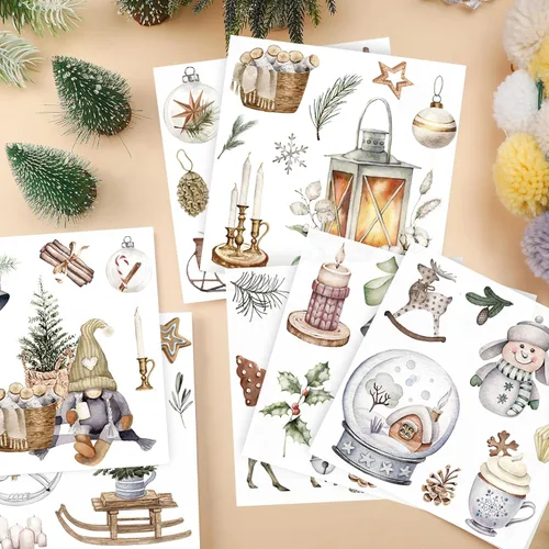 Miniatura 2 de SATINIOR 16 hojas rústicas de invierno para manualidades y muebles, calcomanías de gnomo de muñeco de nieve, renos, calcomanías para álbumes
