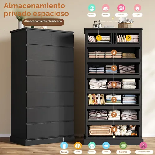 Miniatura 4 de DICTAC Cómoda Alta Negra para Dormitorio con 8 Cajones, Cómodas y Cajoneras Altas de 59.6", Organizador de Armario de Madera Moderno y Gabinete