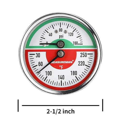 Miniatura 5 de MEASUREMAN Tridicator, Medidor de presión termo-manómetro, esfera de 2-1/2 pulgadas, 0-160 psi/30-250 grados F, caja de hierro negro, montaje