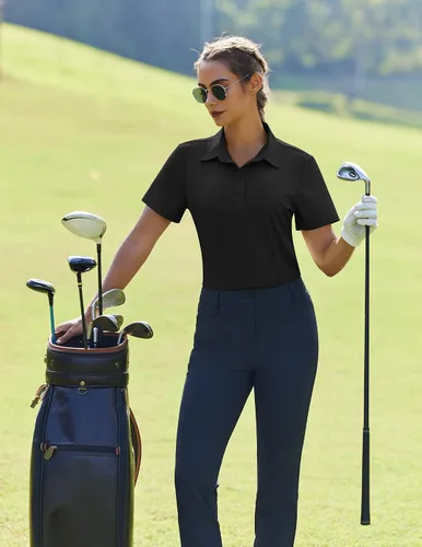 Miniatura 6 de PINSPARK Polo de golf de 4 botones para mujer, UPF 50+, secado rápido, atlético, camiseta de tenis con cuello, ajuste relajado
