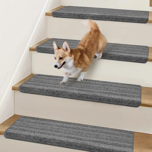 Miniatura 17 de Peldaños Bullnose Antideslizantes 9.5" x 30", 2 Piezas Peldaños de Alfombra para Escalones de Madera Interior con Protección de Bordes, Alfombras