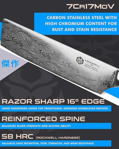 Miniatura 3 de KESSAKU Cuchillo Nakiri para verduras de 7 pulgadas, serie Ronin, acero inoxidable forjado de alto carbono 7Cr17MoV, mango de madera de Pakka