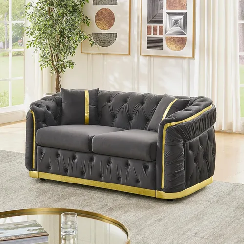 Miniatura 11 de Sofá Chesterfield de 62.6 pulgadas, moderno de mediados de siglo, sofá de terciopelo blanco beige y dorado, sofás de lujo para sala de estar