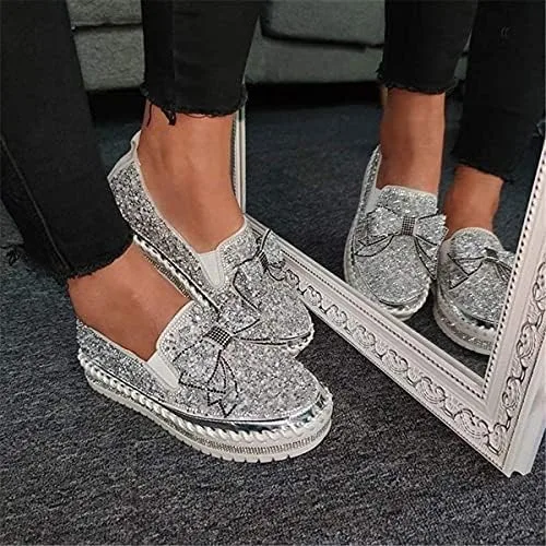 Miniatura 6 de Zapatos deportivos de plataforma con diamantes de imitación y purpurina para mujer, con bonito lazo, cómodos, mocasines planos, zapatos casuales