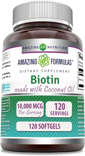 Miniatura 4 de Amazing Formulas Biotina con suplemento de aceite de coco orgánico extra virgen, 10000 Mcg, cápsulas blandas, sin OMG, sin gluten, fabricado