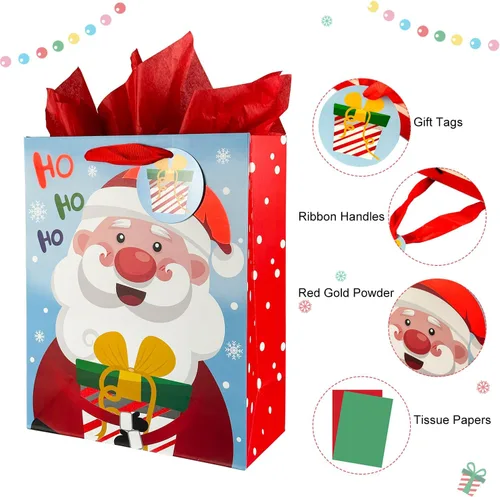 Miniatura 5 de GITMIWS Paquete de 12 bolsas de regalo de Navidad con papel de seda, bolsa de regalo de papel de Navidad grande de 12.6 pulgadas para regalos