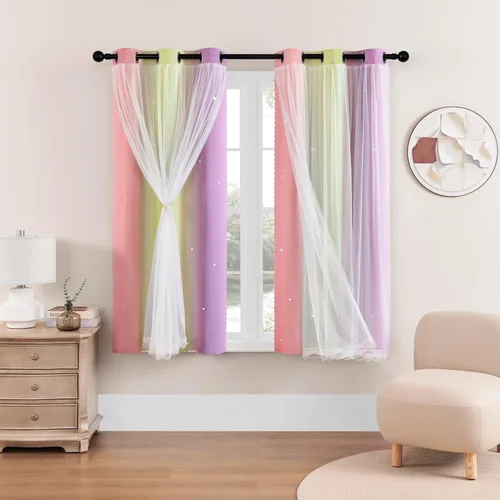 Miniatura 74 de XiDi Cortinas opacas con estrellas para habitaciones de niños, cortinas verdes para ventana de dormitorio de niños, azul y gris, 52 pulgadas de Azul