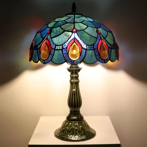 Miniatura 8 de Tiffany Lamp Stained Glass Table Lamps Sea Blue Peacock Tail Style Desk Lamp 12X12X18.5 Inch Bronze Ceramic Base Reading Light Suitable for Bedside