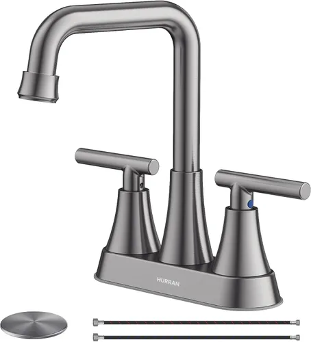 Miniatura 15 de Grifo de Lavabo de Baño Negro Mate, Hurran Grifos de Baño de 4 Pulgadas para Lavabo de 3 Orificios con Desagüe Pop-up y Líneas de Suministro, Grifo