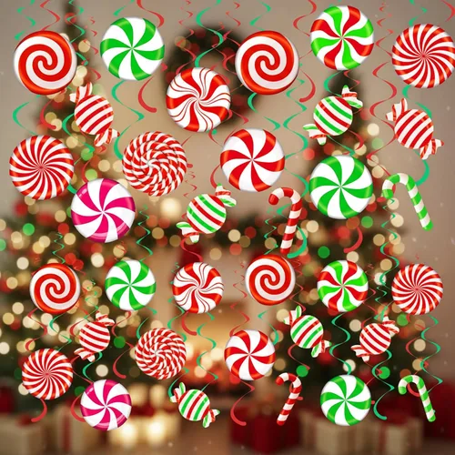 Bencailor 72 piezas de remolinos de caramelo de Navidad, decoraciones colgantes de menta de Navidad, remolinos colgantes para decoración de fiestas