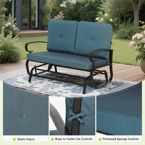 Miniatura 7 de Banco al aire libre para patio, mecedora de 2 asientos, mecedora de hierro forjado para patio exterior con cojín (azul)