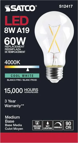 Miniatura 4 de Satco Bombillas LED A19 regulables, 8 vatios, 800 lúmenes, blanco frío 4000K, CRI 90+, acabado transparente, base media E26, 120 voltios, regulable
