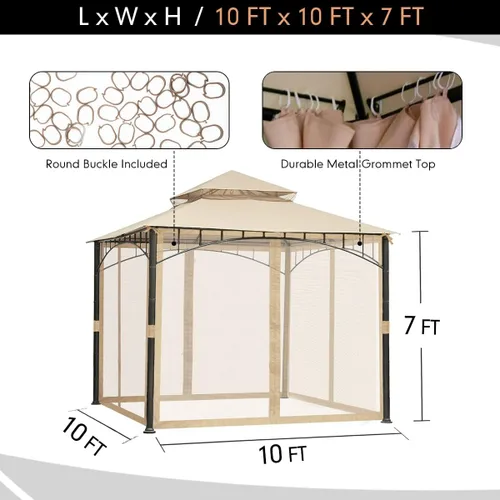 Miniatura 3 de ONTHEWAY Mosquitera de repuesto universal, paredes de malla gruesa de 10 x 10 pies para toldo de cenador (beige, 10 x 10 pies)