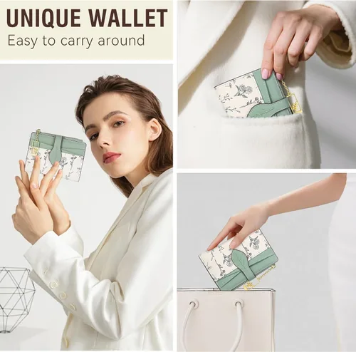 Miniatura 6 de Carteras para mujer - Bloqueo RFID - Pequeña billetera con flores, cuero PU suave, plegable, bolsillo con cremallera para monedas, tarjetero