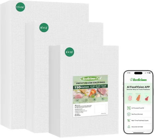Miniatura 9 de Bolsas de sellado al vacío precortadas Beelicious Pro para almacenamiento de alimentos, 100 unidades de 8" x 12" con bolsas de sellado al vacío