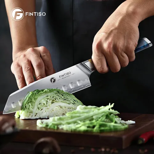 Miniatura 7 de FINTISO Santoku - Cuchillo de cocina de 7 pulgadas, núcleo de acero en polvo S35VN para carnes y verduras, cuchillo de chef japonés de acero