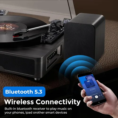 Miniatura 3 de VANGOA Tocadiscos de vinilo, tocadiscos de 3 velocidades con receptor Bluetooth, altavoces estéreo integrados, color negro