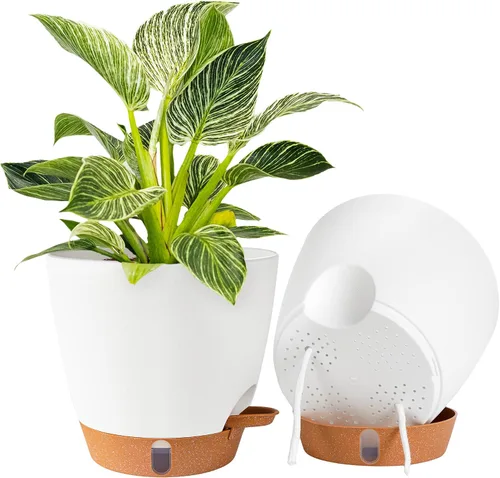 Miniatura 14 de Paquete de 2 macetas de 8 pulgadas para plantas de interior, macetas de plástico con orificios de drenaje, indicador de nivel de agua y depósito