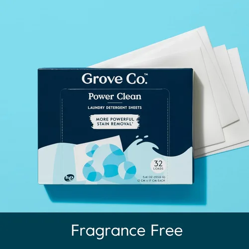Miniatura 3 de Grove Co. Hojas de detergente para ropa, hojas de lavado de disolución Power Clean (paquete de 2 – 64 cargas), removedor de manchas resistente, sin