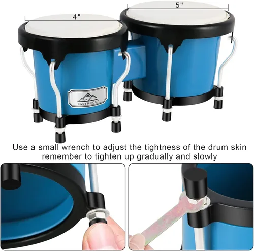 Miniatura 3 de EASTROCK Tambor Bongo de 4" y 5" Juego para Adultos, Tambores Bongos de Percusión con Llave de Afinación (Azul)
