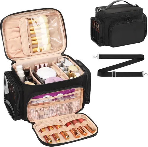 Miniatura 17 de Bagmoly Bolsa de maquillaje grande, organizador portátil de maquillaje para mujeres y niñas con compartimento para brochas de maquillaje y dos