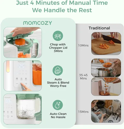 Miniatura 10 de Momcozy AutoMeal Procesador de Alimentos para Bebés – Procesador de Alimentos de Vapor y Mezcla Automática de Un Solo Paso, Taza Grande de 15 oz