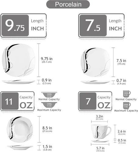 Miniatura 2 de VEWEET, Serie Fiona - Juego de vajilla de 30 piezas para 6 personas, blancos con rayas negras y grises, vajilla de porcelana de platos de postre