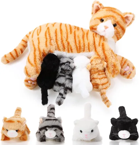 Miniatura 9 de Skylety Animal de peluche Nurturing con 4 gatitos de peluche, gatos de peluche para niñas y niños, mamá gatita de peluche con gatitos para regalos