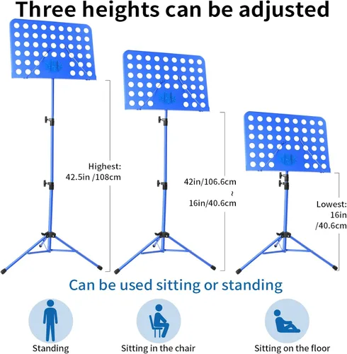 Miniatura 2 de lotmusic Soporte de música azul, soporte portátil para partituras, soporte de música plegable y ajustable en altura con bolsa, clip de partitura
