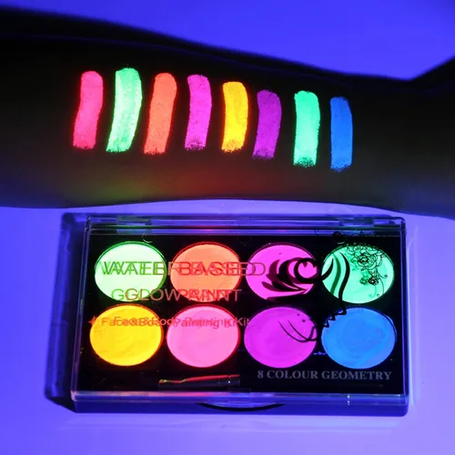 MEICOLY - Pintura facial neón, pintura facial UV que brilla con luz negra, paleta de pintura corporal neón fluorescente para rave con 8 colores