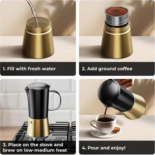 Miniatura 3 de Cafetera de acero inoxidable Moka Pot de 6 tazas (12 onzas líquidas), cafetera de estufa para inducción, estufas de gas y eléctricas, cafetera