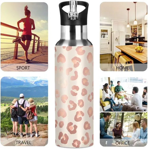 Miniatura 5 de Insulated Water Bottle 20 Oz, Leakproof Water Bottles for Gym Outdoor Travel School, Rose Gold Leopard Spots Beige
