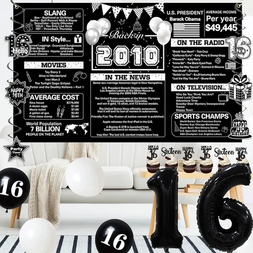 Miniatura 7 de Crenics Decoraciones negras de cumpleaños número 16 para niños y niñas, telón de fondo del año 2010, impresionante desde 2010, pompones de papel