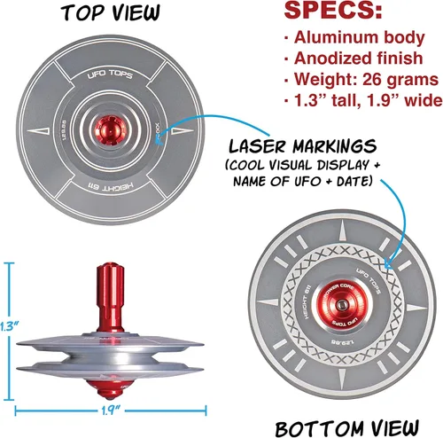 Miniatura 3 de Tops OVNI - Altura 611 Top giratorio de metal Inspirado en el incidente OVNI de la Unión Soviética de 1986 Cuerpo OVNI de aluminio plateado