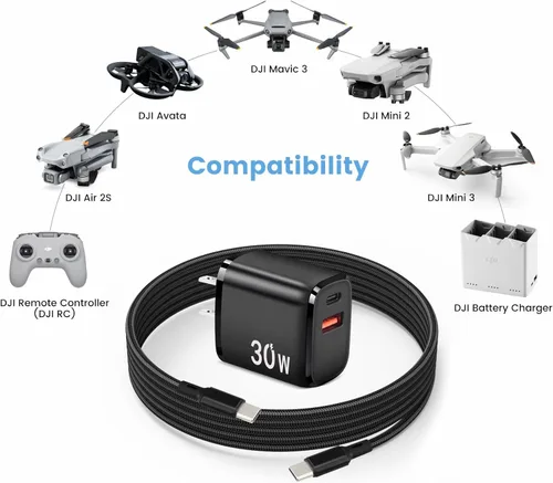 Miniatura 2 de Cargador rápido USB C PD de 30 W para DJI Neo, Mini 4K, 2 SE, 4 Pro, Air 2S, Avata 2 Drones, USB de doble puerto + cargador de pared tipo C con Negro