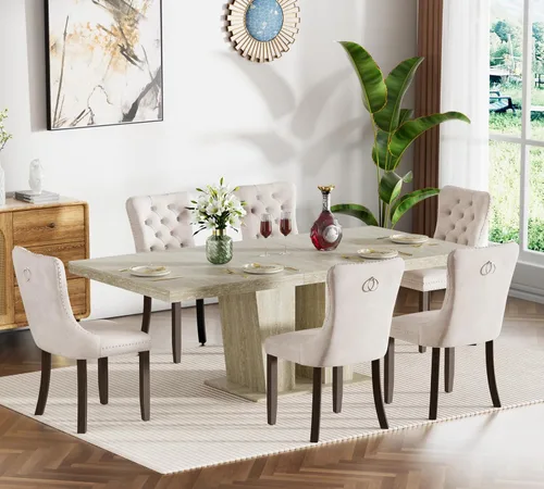 Miniatura 74 de Juego de mesa de comedor extensible de 5 piezas, juego de mesa de comedor extensible de estilo granja para 4, mesa de cocina expandible de madera