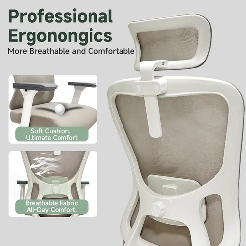 Miniatura 3 de Silla de oficina ergonómica - Silla de oficina de malla de 159 kg con soporte lumbar ajustable, silla de computadora de respaldo alto con Caqui