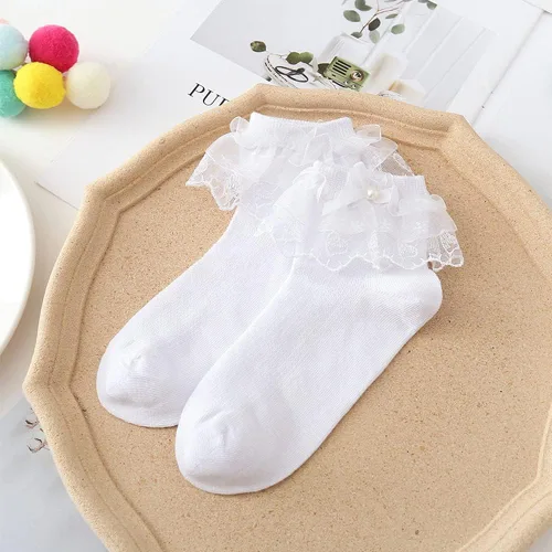 Miniatura 4 de Looching 5 pares de calcetines de encaje con volantes y lazo con volantes de malla con ojales de princesa, calcetines de vestir al tobillo
