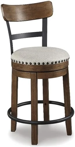 Miniatura 8 de Signature Design by Ashley Valebeck - Taburete de bar tapizado de piel sintética giratorio, con adorno de tachuelas, madera maciza, 16.75" de ancho