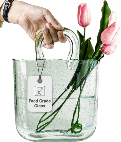 Miniatura 12 de OLEEK Jarrón de Cristal Hecho a Mano en Forma de Bolso para Flores y Bebidas - 10 pulgadas - Lindo Centro de Mesa Rosa y Pecera - Florero Único