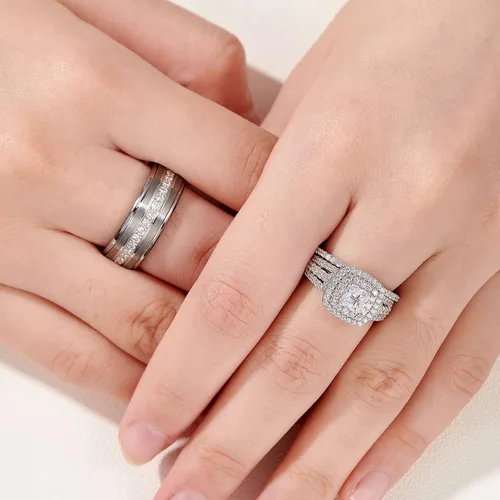 Miniatura 4 de Newshe Jewellery Juego de anillos de boda para él y ella, bandas de tungsteno AAAAA, circonita cúbica, 2.3 quilates, plata de ley 925, tamaño 5-13