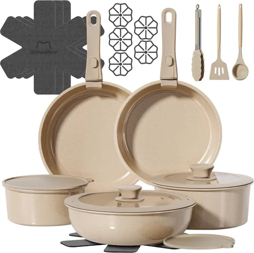 Miniatura 12 de Juego de 23 piezas de ollas y sartenes antiadherentes, juego de utensilios de cocina de cerámica no tóxicos con asas desmontables, utensilios