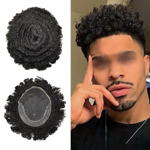 Miniatura 10 de Afro Toupee para hombres negros encaje tupé rizado rizado sistema de reemplazo indetectable Afro unidades de cabello para hombre negro 8X10 Off OFF