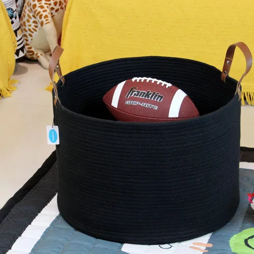 Miniatura 9 de Casaphoria Cesta de cuerda de algodón XXXL para sala de estar, cesta de almacenamiento tejida con asa larga para mantas, toallas y almohadas, cesta